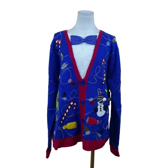Jolly Sweaters Blue & Red Acrylic Christmas Cardigan XL Holiday Festive - New - Picture 1 of 8